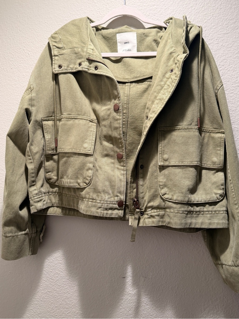 Mango Light Olive Utility Jacket with Hood
